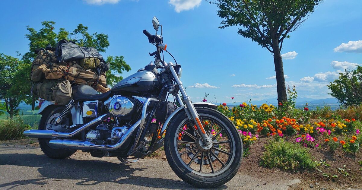 満載の荷物を積んだバイクと花畑と青空の風景