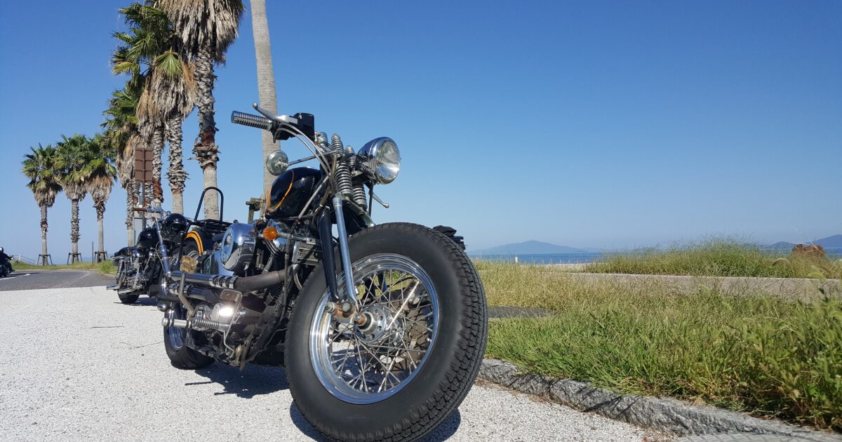 海沿いのヤシの木とクラシックバイクのツーリング風景